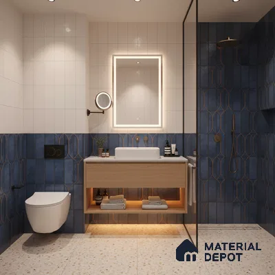 Modern bathroom with blue geometric wall tiles, white vertical subway tiles, and terrazzo floor tiles | Material Depot