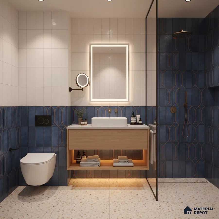 Modern bathroom with blue geometric wall tiles, white vertical subway tiles, and terrazzo floor tiles | Material Depot