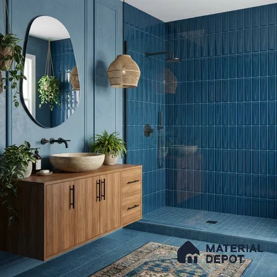 Modern bathroom with blue geometric wall tiles, wooden vanity, and matte black fixtures