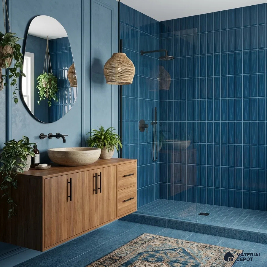 Modern bathroom with blue geometric wall tiles, wooden vanity, and matte black fixtures