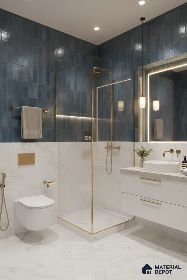 Modern bathroom with blue glossy subway wall tiles and white marble-look tiles | Material Depot
