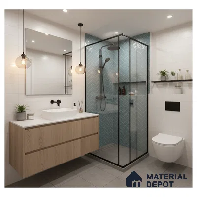 Modern bathroom with blue herringbone subway shower tiles, white wall tiles, and light oak floating vanity | Material Depot