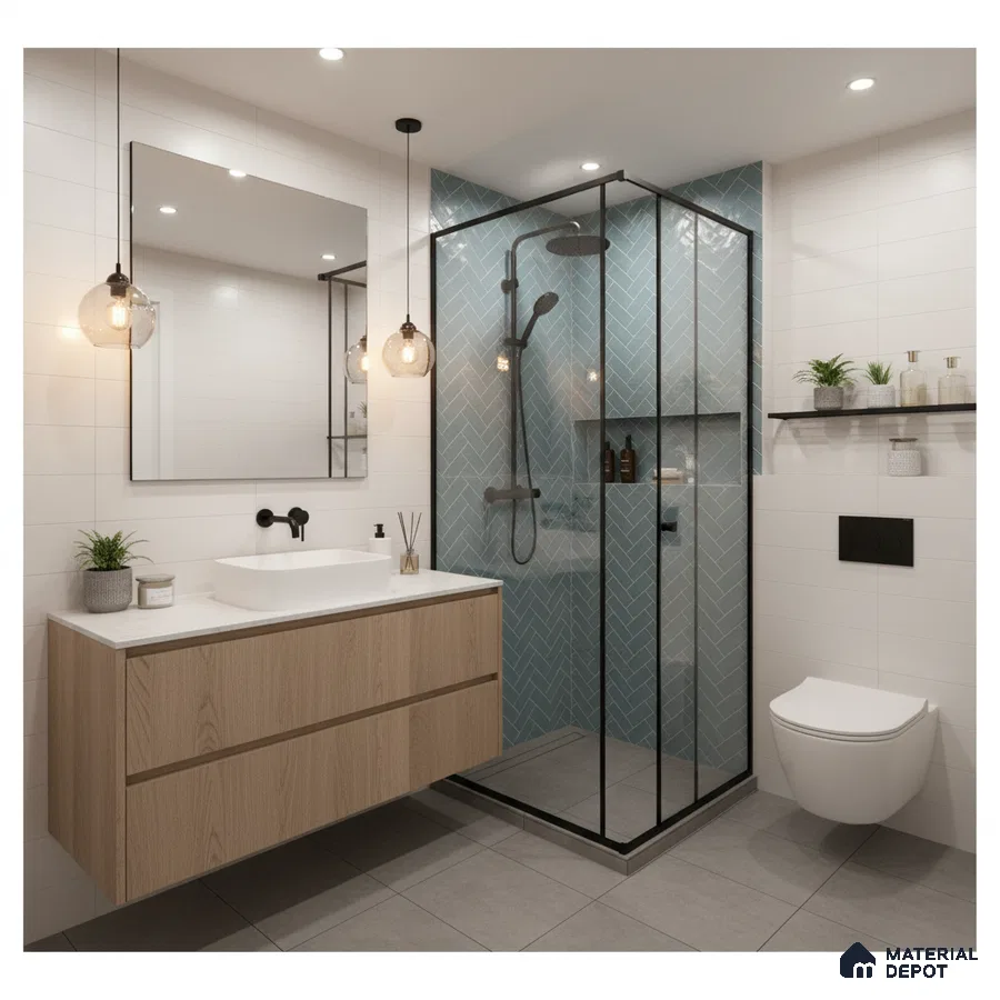 Modern bathroom with blue herringbone subway shower tiles, white wall tiles, and light oak floating vanity | Material Depot