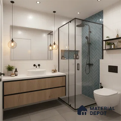 Modern bathroom with blue herringbone subway tile, white wall tiles, and wood laminate vanity | Material Depot