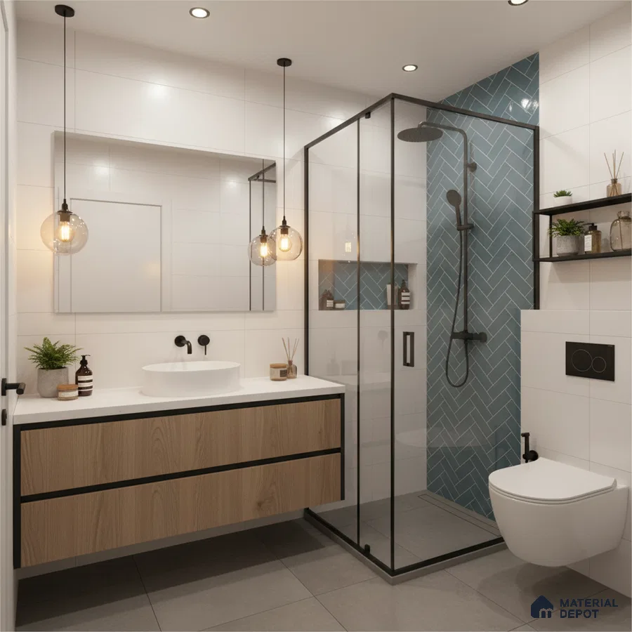 Modern bathroom with blue herringbone subway tile, white wall tiles, and wood laminate vanity | Material Depot