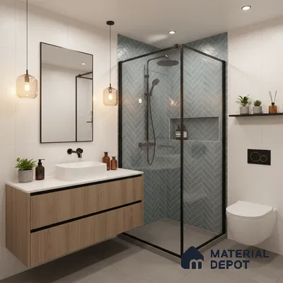 Modern bathroom with blue herringbone subway wall tiles, white wall tiles, and wood laminate floating vanity | Material Depot
