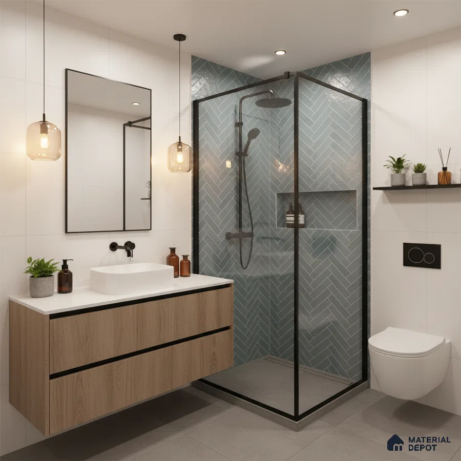 Modern bathroom with blue herringbone subway wall tiles, white wall tiles, and wood laminate floating vanity | Material Depot