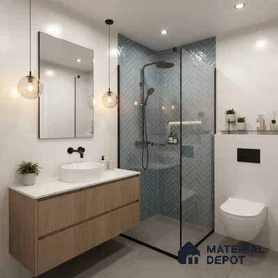 Modern bathroom with blue herringbone subway wall tiles, white wall tiles, and wood vanity | Material Depot