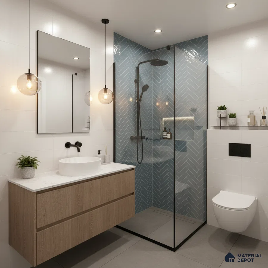 Modern bathroom with blue herringbone subway wall tiles, white wall tiles, and wood vanity | Material Depot