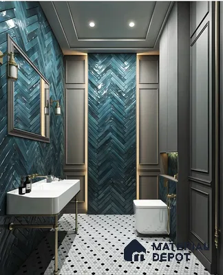Modern Bathroom with Blue Herringbone Tiles | Material Depot