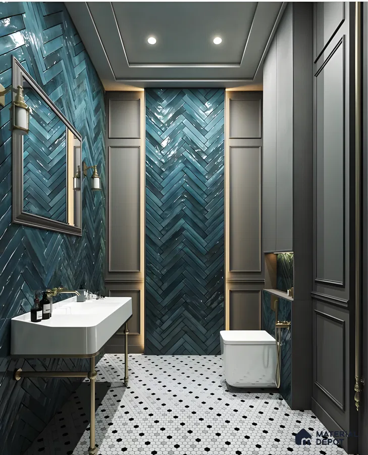 Modern Bathroom with Blue Herringbone Tiles | Material Depot