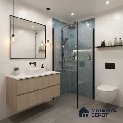 Modern bathroom with blue herringbone wall tiles, light wood vanity, and grey floor tiles | Material Depot