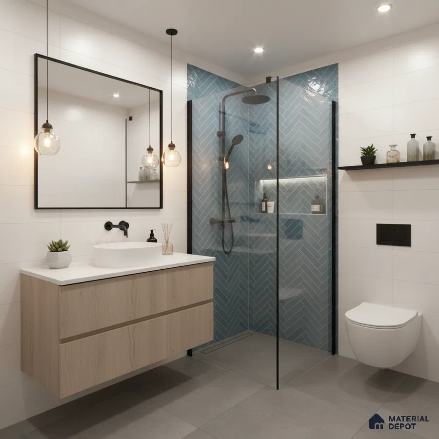 Modern bathroom with blue herringbone wall tiles, light wood vanity, and grey floor tiles | Material Depot