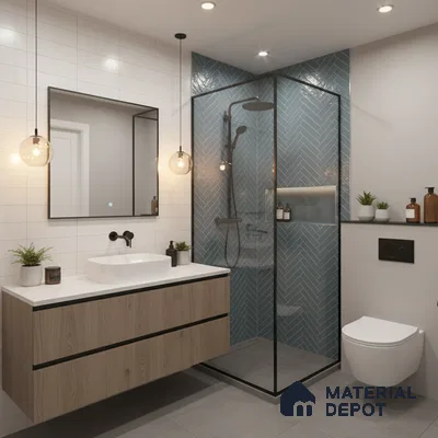 Modern bathroom with blue herringbone wall tiles, white subway wall tiles, and wood vanity | Material Depot