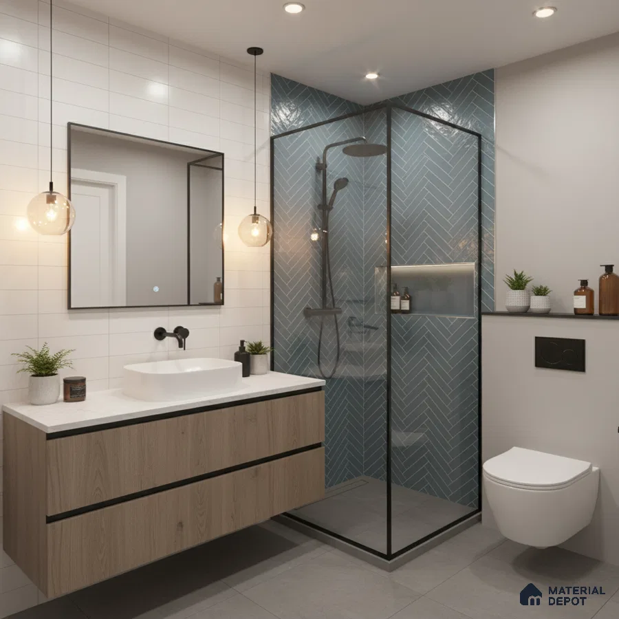 Modern bathroom with blue herringbone wall tiles, white subway wall tiles, and wood vanity | Material Depot
