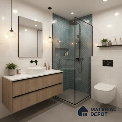 Modern bathroom with blue herringbone wall tiles, white subway wall tiles, and wood vanity | Material Depot