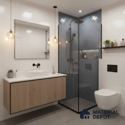 Modern bathroom with blue herringbone wall tiles, white wall tiles, and wood laminate floating vanity | Material Depot