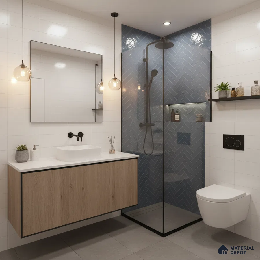 Modern bathroom with blue herringbone wall tiles, white wall tiles, and wood laminate floating vanity | Material Depot