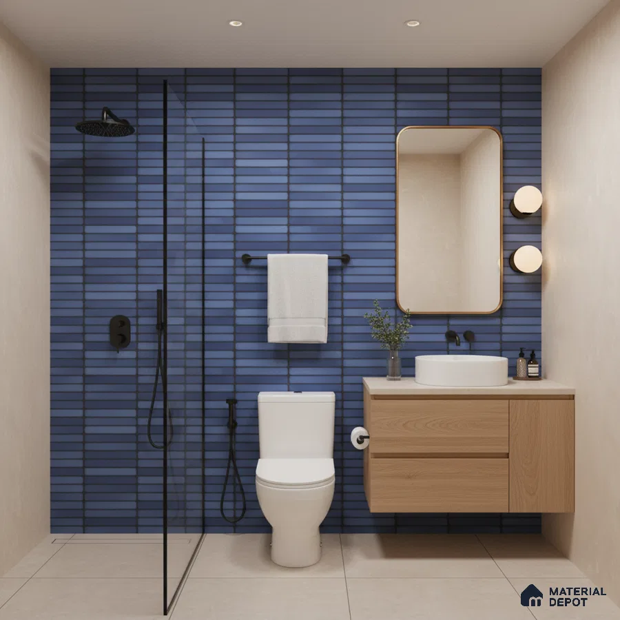 Modern bathroom with blue kitkat subway wall tiles, beige floor tiles, and light oak floating vanity | Material Depot