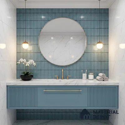 Modern bathroom with blue kitkat subway wall tiles, marble countertop, and fluted blue vanity