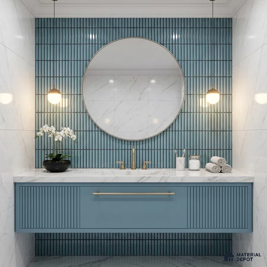 Modern bathroom with blue kitkat subway wall tiles, marble countertop, and fluted blue vanity