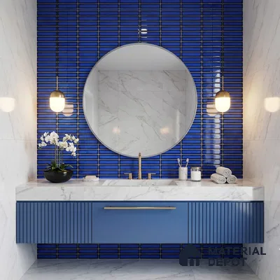 Modern bathroom with blue kitkat subway wall tiles, marble-look wall tiles, and blue fluted vanity