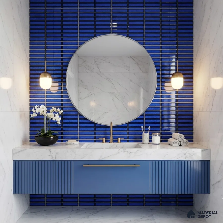 Modern bathroom with blue kitkat subway wall tiles, marble-look wall tiles, and blue fluted vanity