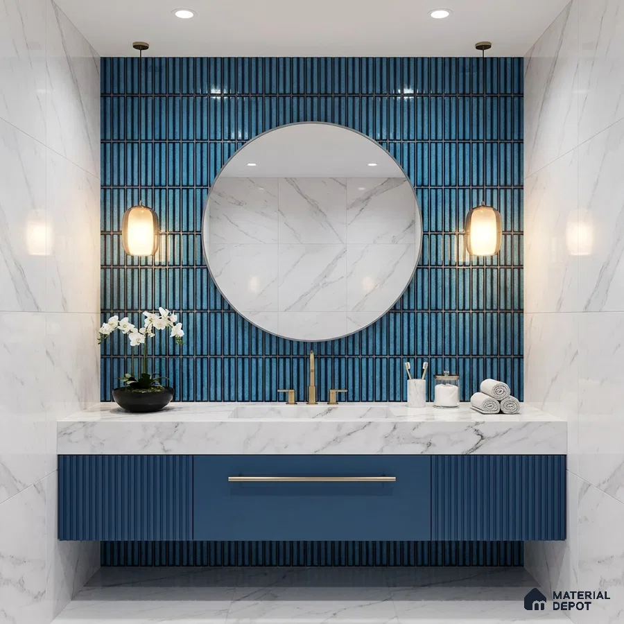 Modern bathroom with blue kitkat subway wall tiles, white marble look wall tiles, and blue fluted vanity