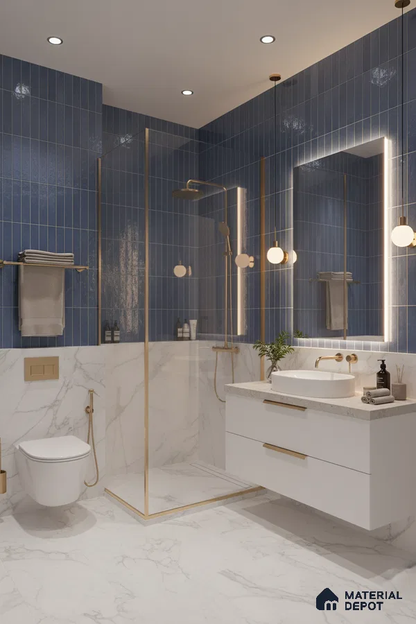 Modern bathroom with blue kitkat wall tiles and white marble-look floor and wall tiles | Material Depot