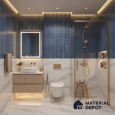 Modern bathroom with blue kitkat wall tiles and white marble-look floor and wall tiles | Material Depot