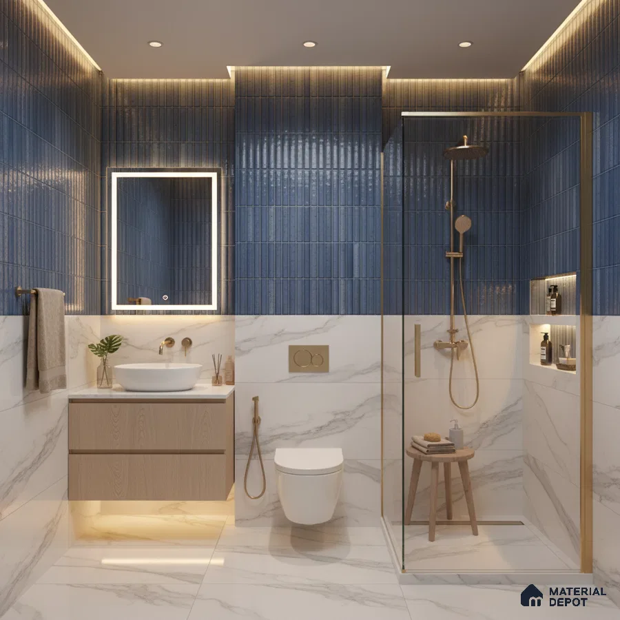 Modern bathroom with blue kitkat wall tiles and white marble-look floor and wall tiles | Material Depot