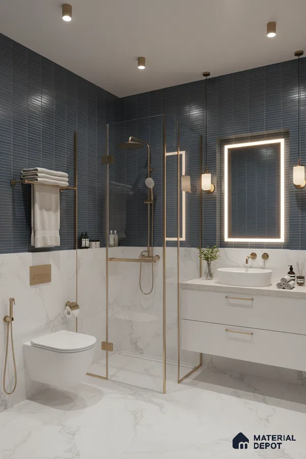 Modern bathroom with blue kitkat wall tiles and white marble-look floor and wall tiles | Material Depot