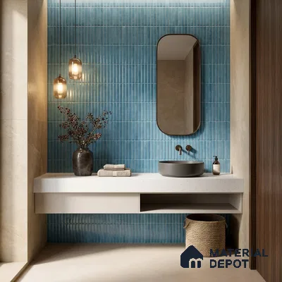 Modern bathroom with blue kitkat wall tiles and white quartz countertop vanity