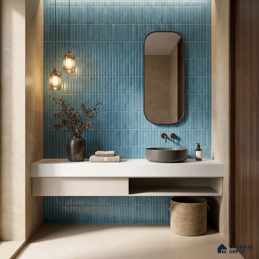 Modern bathroom with blue kitkat wall tiles and white quartz countertop vanity