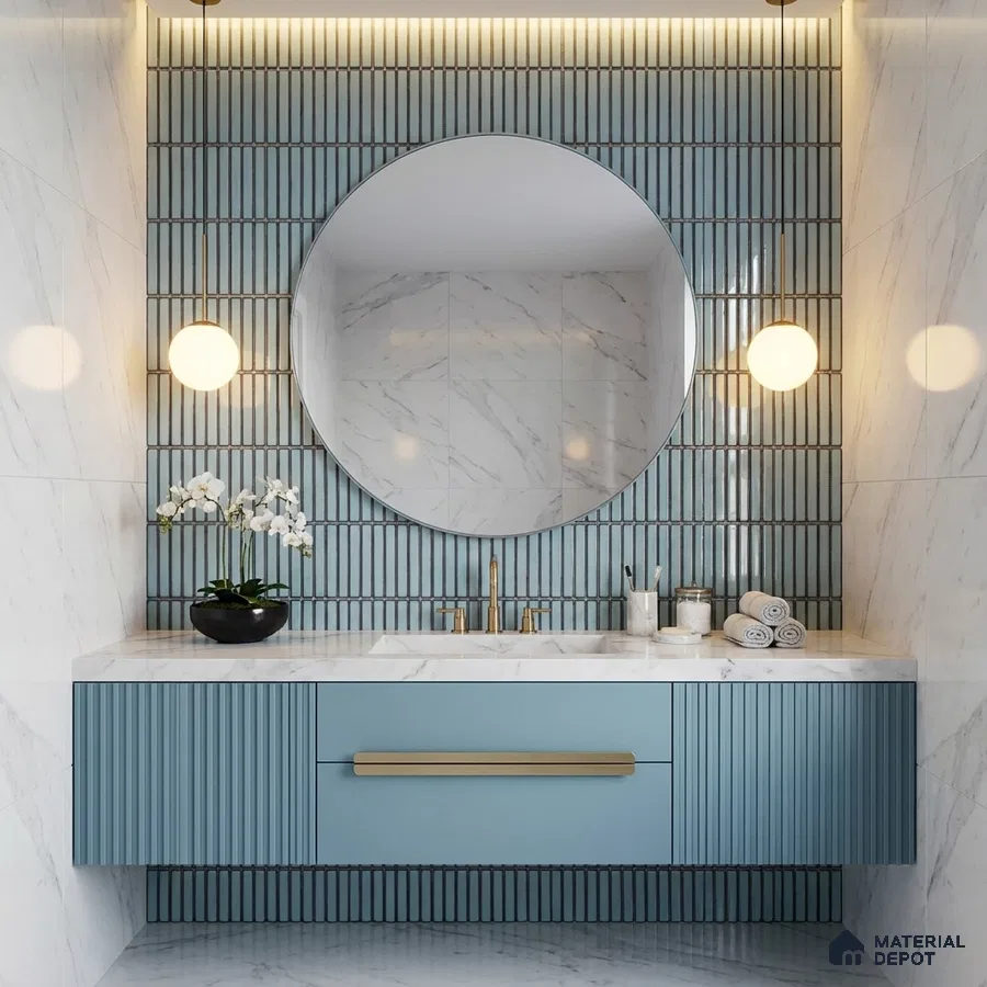 Modern bathroom with blue kitkat wall tiles, fluted blue vanity, and white marble wall tiles