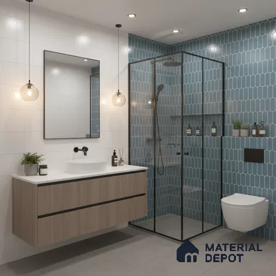 Modern bathroom with blue kitkat wall tiles, white wall tiles, and light oak floating vanity | Material Depot