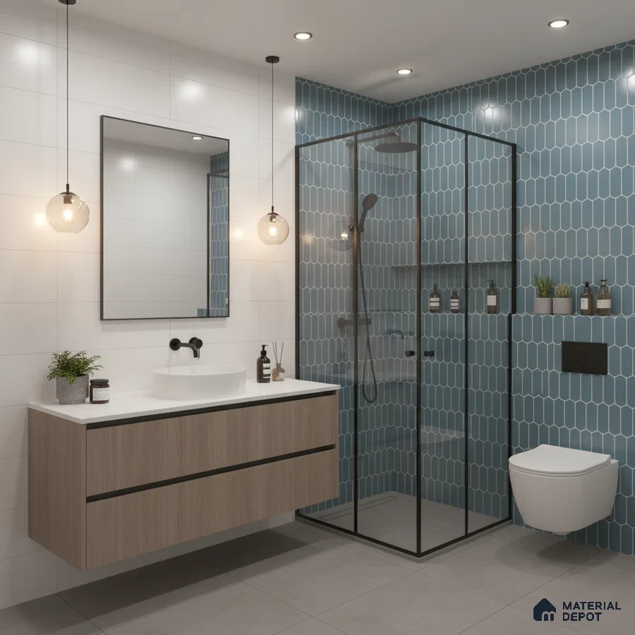 Modern bathroom with blue kitkat wall tiles, white wall tiles, and light oak floating vanity | Material Depot