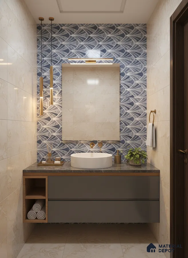 Modern bathroom with blue leaf-patterned highlighter wall tile, beige marble-look wall tiles, and grey floating vanity | Material Depot