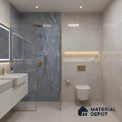 Modern bathroom with blue marble look shower wall tile and beige marble look wall and floor tiles | Material Depot