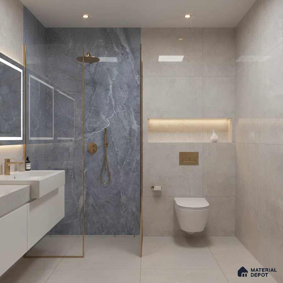 Modern bathroom with blue marble look shower wall tile and beige marble look wall and floor tiles | Material Depot