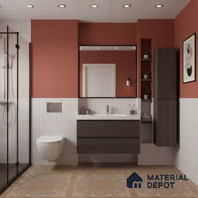 Modern bathroom with blue marble look shower wall tile and beige marble look wall and floor tiles | Material Depot