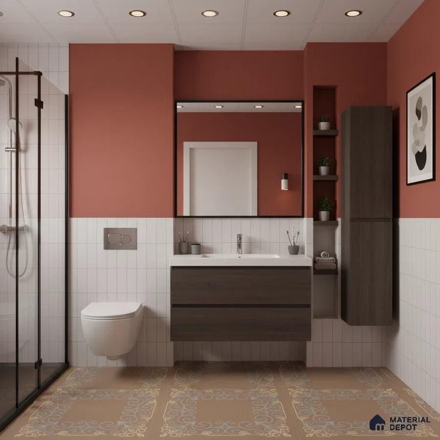 Modern bathroom with blue marble look shower wall tile and beige marble look wall and floor tiles | Material Depot