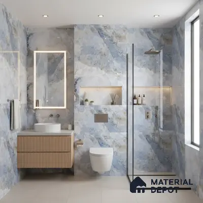 Modern bathroom with blue marble-look wall tiles and fluted wood vanity | Material Depot