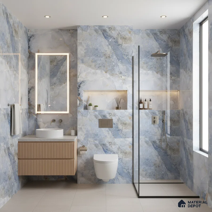 Modern bathroom with blue marble-look wall tiles and fluted wood vanity | Material Depot