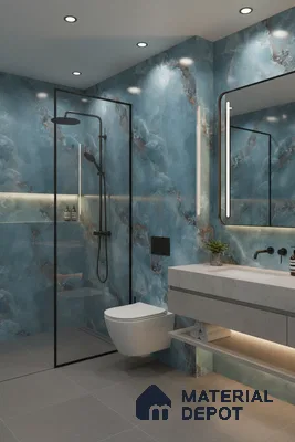 Modern bathroom with blue marble-look wall tiles and grey matte floor tiles | Material Depot