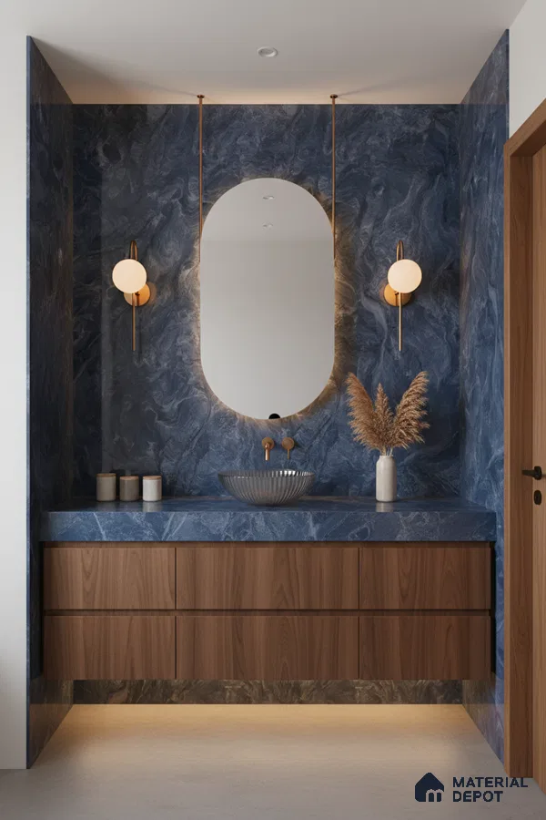 Modern bathroom with blue marble-look wall tiles and walnut wood vanity | Material Depot