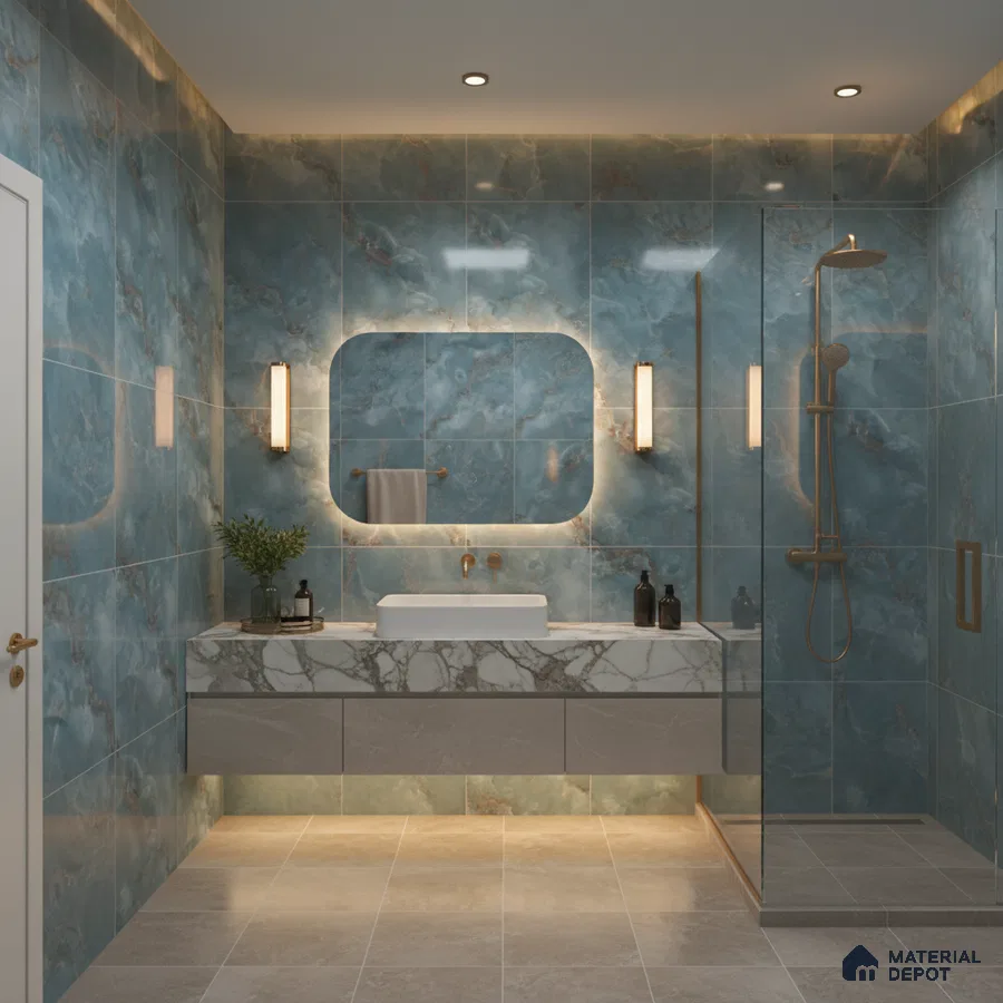 Modern bathroom with blue marble-look wall tiles and white marble vanity | Material Depot