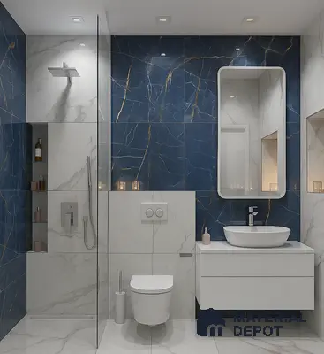 Modern bathroom with blue marble-look wall tiles and white marble-look floor tiles in Sobha Chrysanthemum Thanisandra 3 BHK Bengaluru Apartment