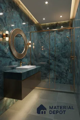 Modern bathroom with blue marble-look wall tiles, gold accents, and grey floor tiles | Material Depot