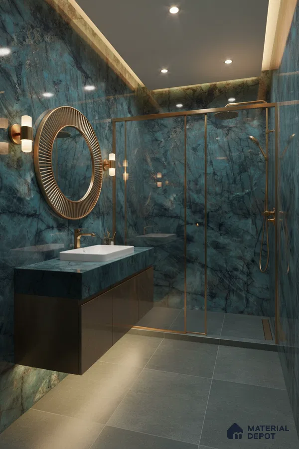 Modern bathroom with blue marble-look wall tiles, gold accents, and grey floor tiles | Material Depot